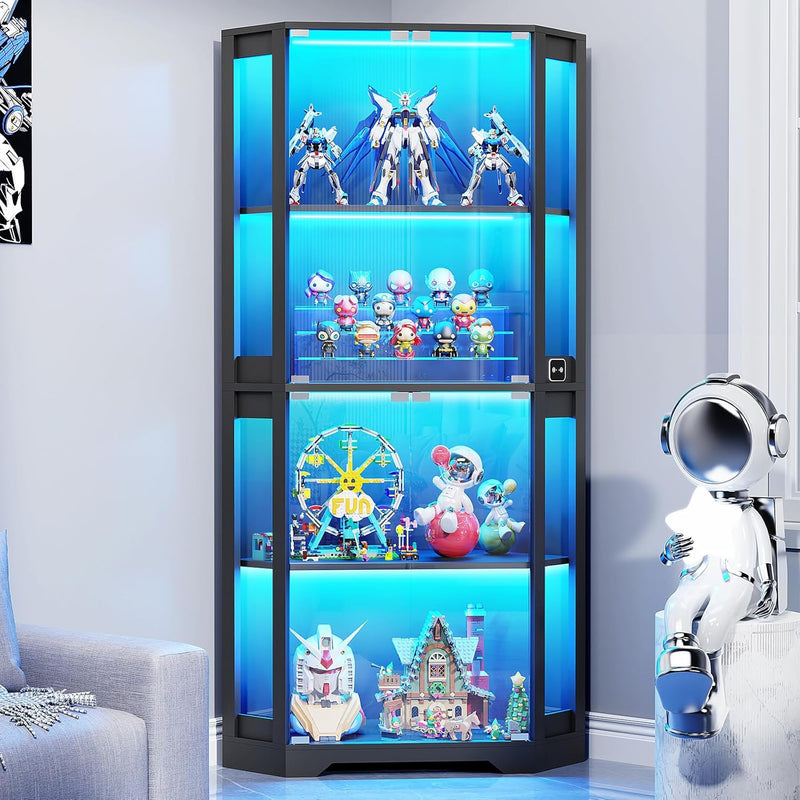 Corner Display Cabinet with Glass Doors, 65" Lighted Curio Cabinet with 3 Color Lights for Collectibles, 4-Tier Display Case Bookcase with Human Body Sensor for Toys, Books, Trophy, Black O4
