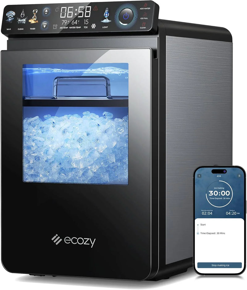 Nugget Ice Maker Countertop, Smart Pebble Ice Machine with APP Control, 44 lbs/24H Soft Pellet Chewable Ice with Self-Cleaning, Stainless Steel D0
