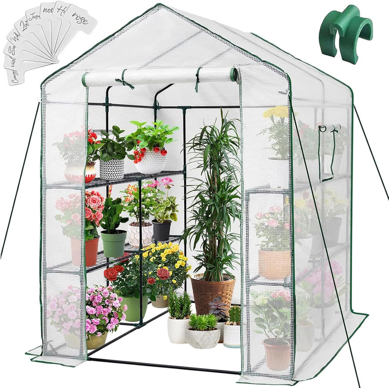 Greenhouse, 57 x 85 x 76'' Greenhouses for Outdoors, Portable Greenhouse Kit with Mesh Side Windows, PE Cover, 8 Shelves, Heavy Duty Walk in Green House for Backyard Garden Indoor Outside R9