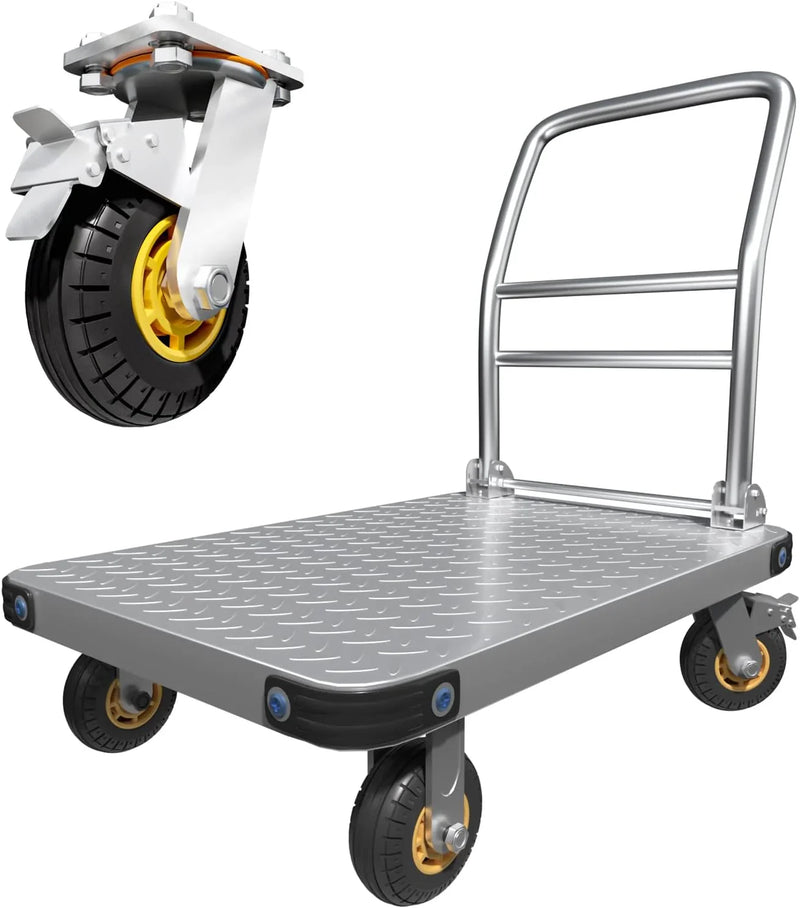 Heavy Duty Platform Truck Flat Moving Cart Hand Trucks,2000Lbs Steel Push Cart Dolly with Brake Design, 36 x 24in Large Flatbed with 5'' 360 Degree Swivel Wheels for Easy Storage S1