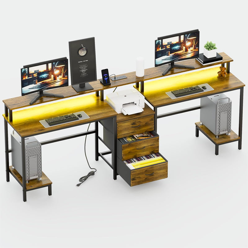 2 Person Desk with LED Lights & Charging Station – Long Desk for 2 with Storage Drawers, Monitor Riser, USB Ports & Outlets – Modern Study Table or Workstation for Home Office V2