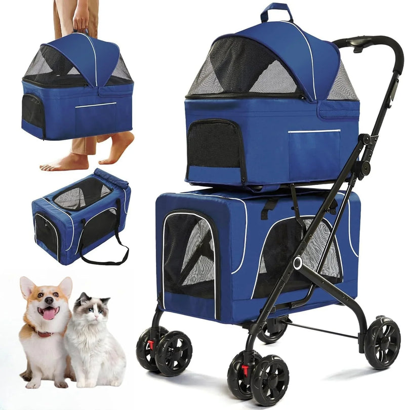 Double Dog Stroller for 2 Dogs, Detachable Carriers, Safety Belt, Lockable Wheels, Pet Travel Carrier Strolling Cart, Folding Cat Stroller for Small Medium Pets Dogs (Blue) T9