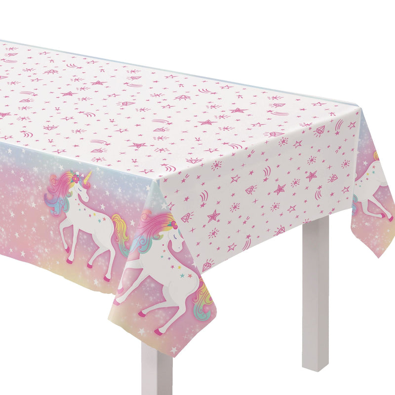 Amscan Unicorn Rectangle Plastic Reusable Table Cover, Pink/White, 54 x 96-in Z7