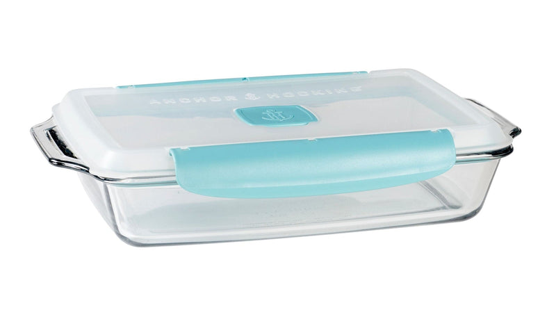 Anchor Hocking Rectangular Glass Bakeware Container with TrueLock Vented Locking Lid, 3-qt A9