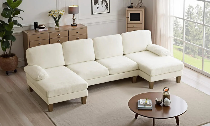 110" Sectional Couches for Living Room,U Shaped Couch with Double Chaise, 4-Seat Sofa Set with Chenille Fabric for Home Furniture,Beige G4