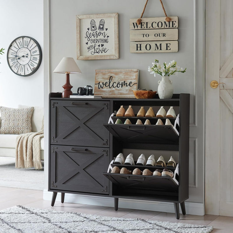Shoe Storage Cabinet,Farmhouse Shoe Organizer with 4 Flip Drawers & Barn Door Design,Freestanding Hidden Slim Narrow Shoe Rack Cabinet for Entryway,Foyer,Hallway,Walnut Q7