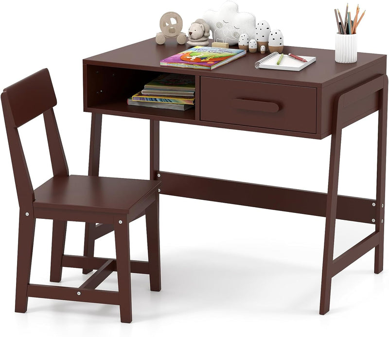 Kids Desk and Chair Set, Wooden Children School Study Table and Chair w/Storage Drawer & Hutch, Student Writing Desk Computer Workstation for Bedroom, Gift for 3 Years Old (White) X1
