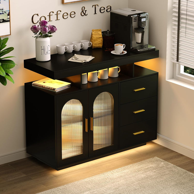 Bar Cabinet Kitchen Storage Cabinet with RGB Light, Human Sensor Design Sideboard Buffet Cabinets, Wood Coffee Bar Table with Shelf Capacity (Black) H9