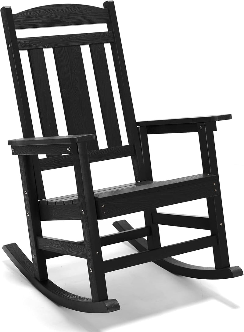 Rocking Chair Outdoor, Weather Resistant Poly Plastic Rocker Chairs, 350lb Heavy Duty, Oversized Porch for Adult, High Back Smooth Chairs Outdoor & Indoor, Black 1Chair U8
