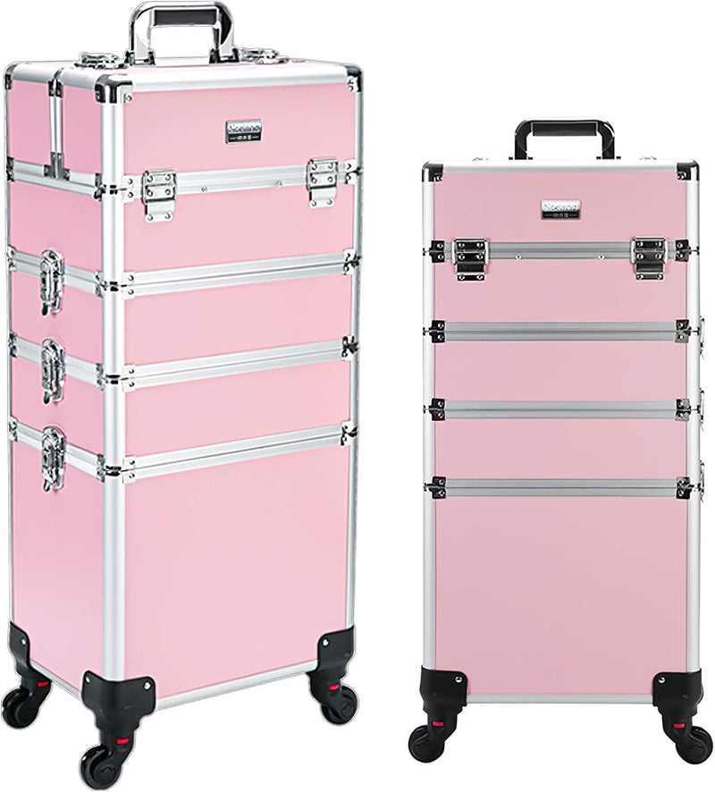 4 in 1 Professional Rolling Aluminum Cosmetic Makeup Train Organizer Storage Case Artist Train Case Salon Beauty Cosmetic Jewelry Organizer Trolley with 4 Wheels (All Black) S3
