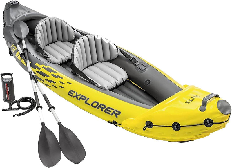 Explorer K2 Inflatable Kayak Set: Includes luxurious 86-inch aluminum paddle and high-output pump - extremely durable PVC material - adjustable seat with backrest - suitable for two people - maximum weight capacity 400 pounds S3