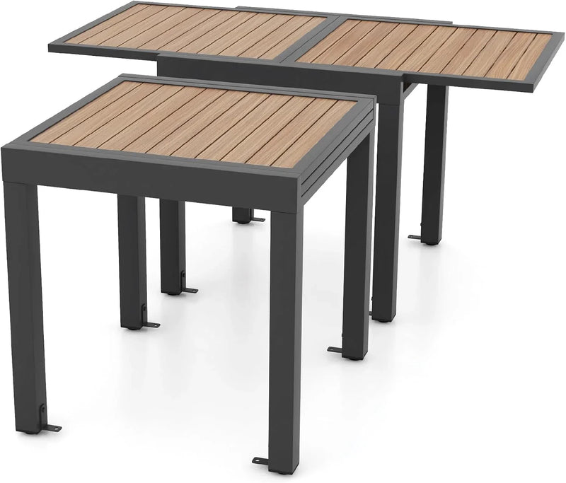 Extensible outdoor dining table, patio table, all-weather aluminum frame, large rectangular lawn backyard garden terrace dining table, suitable for 4 to 6 people, dark gray (dark gray, slatted tabletop) X4