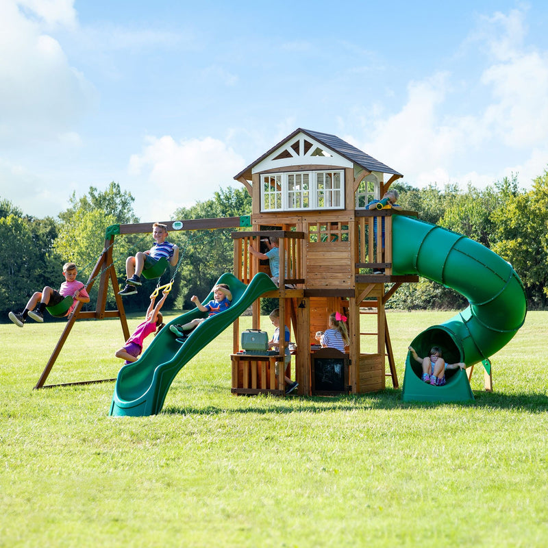 Backyard Discovery Kids' Bristol Point Cedar Wood Swing Set with Swing Beam, Upper & Lower Fort, Rock Wall & Slide Play for up to 11 Kids Z7