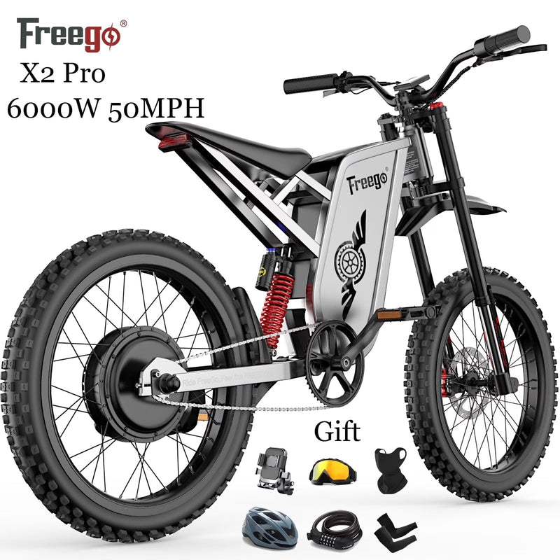 6000W(Peak) Motor 60V/30Ah Battery Freego X2Pro Electric Motorcycle for Adults, Electric Bike,50MPH/7 Speed Off Road Electric Bicycle,19 x 2 Full... O9