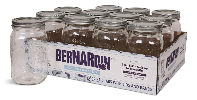 Bernardin Decorative Glass Mason Jars with Snap Lids, 1 L, 12 Count R6