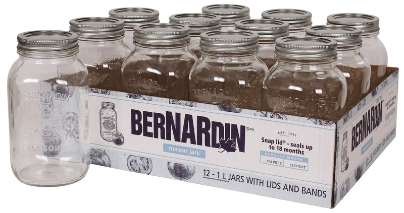 Bernardin Regular Mouth Glass Mason Jars with Lids and Bands, 1 L, 12 Count B2