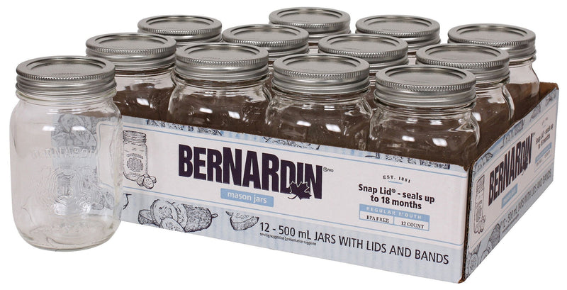 Bernardin Regular Mouth Glass Mason Jars with Snap Lids, 500 mL, 12 Count O4