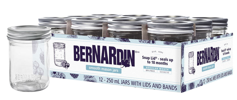 Bernardin Regular Mouth Smooth Glass Mason Jars with Snap Lids, 250 mL, 12 Count C3