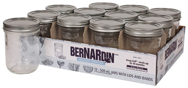 Bernardin Wide Mouth Decorative Glass Mason Jars with Snap Lids, 500 mL, 12 Count Q4