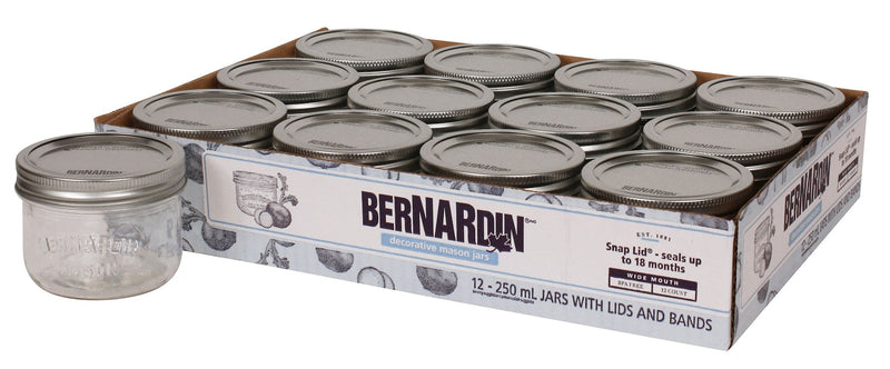Bernardin Wide Mouth Decorative Glass Mason Jars with Snap Lids and Bands, 250 mL, 12 Count U9