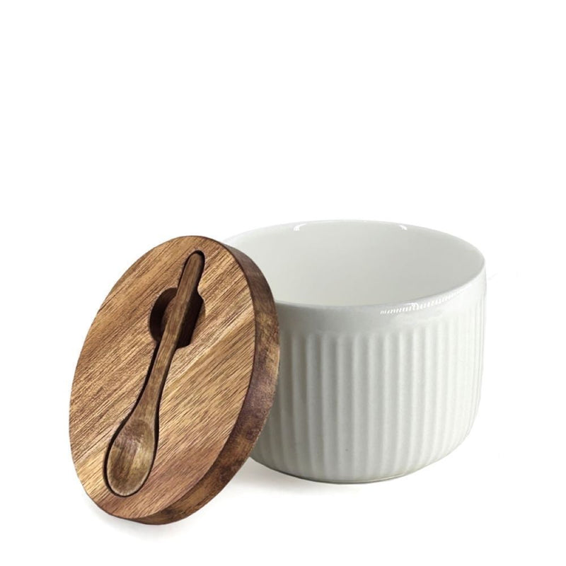BIA Porcelain Salt/Herb Keeper with Spoon & Acacia Lid, Dishwasher Safe K4