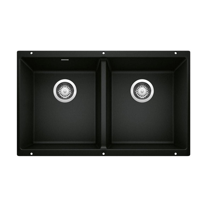 Blanco Precis SILGRANIT 29-in 50/50 Double Bowl Undermount Kitchen Sink, Coal Black N6