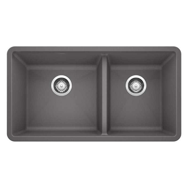 Blanco Precis SILGRANIT 33-in 60/40 Double Bowl Undermount Kitchen Sink, Cinder P8