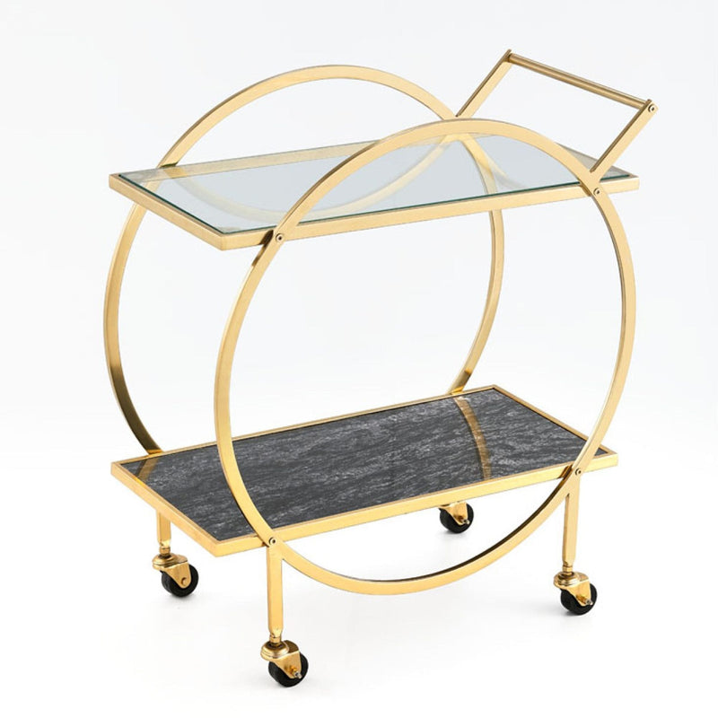 Brassex Zara 2-Tier Circular Rolling Bar Storage Cart with Mirrored Top, Gold A7
