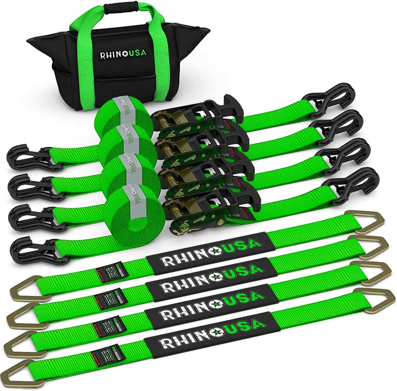 Car Tie Down Straps for Trailers with J Hooks (4-Pack) - 2 Inch x 8 Feet (10,000lb Break Strength) - Heavy Duty T-Handle Car Hauler Tire Straps for Trailer & UTV with Axle Straps - Black V3