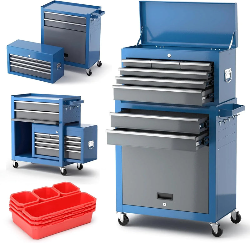 Tool Chest 8-Drawer | 42'' Large Rolling Tool Chest with Wheels | Detachable Top Metal Tool Box | Garage Storage Cabinet for Repair Room,storage area | Rolling Tool Box with Hooks,Liners,Tray Divider V0