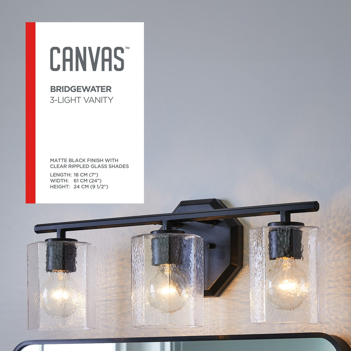 CANVAS Bridgewater 3-Light Vanity Light Fixture with Rippled Glass Shade, Black