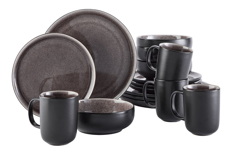 CANVAS Kenway Stoneware Dinnerware Set, Serves 4, 16-pc, Matte Black & Taupe Reactive Glaze L0