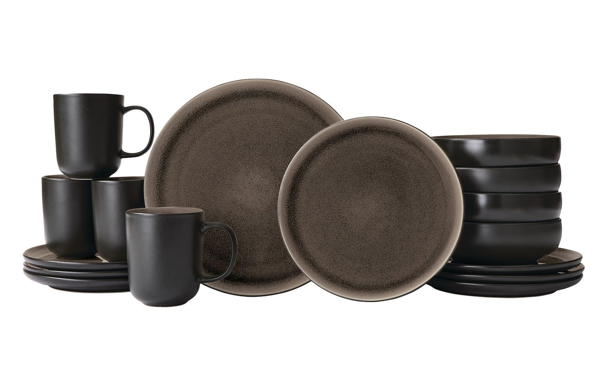 CANVAS Kenway Stoneware Dinnerware Set, Serves 4, 16-pc, Matte Black & Taupe Reactive Glaze