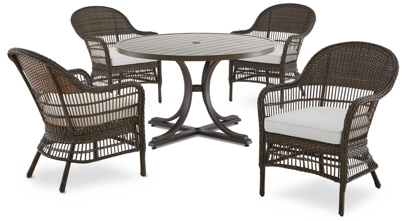 CANVAS Lorette Outdoor Patio Round Dining Set with Wicker Chairs and Built-in Umbrella Pedestal, Brown, 5-pc P6