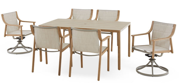 CANVAS Sauble Sling Outdoor Patio Dining Set with Swivel Chairs and Umbrella Hole, Tan, 7-pc J1
