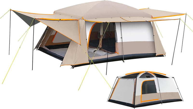 Camping Tent, 4-6 Person Family Cabin Tents, Large Waterpoof Tents for Camping Outdoor, 210D Oxford Fabric Blackout Foldable Sunburn Prevention Tent with 2 Rooms, 3 Foyers for Picnic Khaki M6