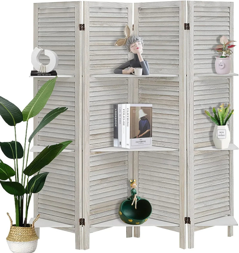 ECOMEX Room Divider 4 Panel, White with Shelves, Wall Dividers and Folding Privacy Screens V6