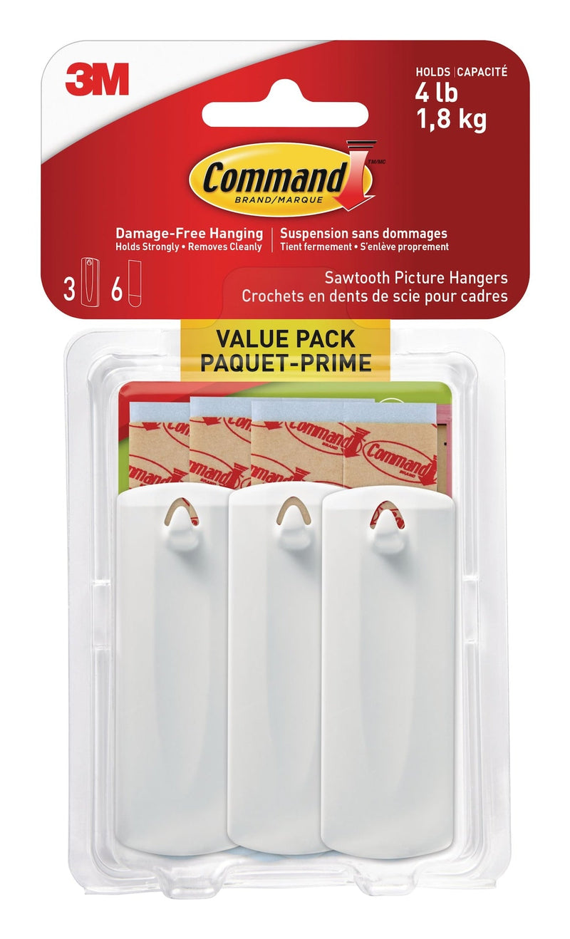Command Adhesive Sawtooth Picture Hanging Hooks with Adhesive Strips, White, 4-lbs, 3 Strips per Pack G6