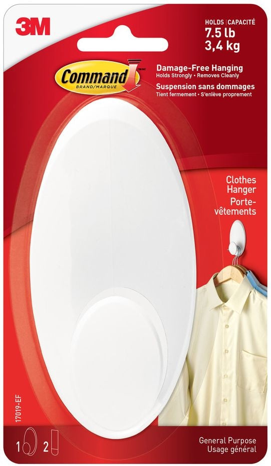 Command Large Clothes Hanger Organizing Hook with Adhesive Strips, White, 7.5-lbs, 1 Strip per Pack Y2