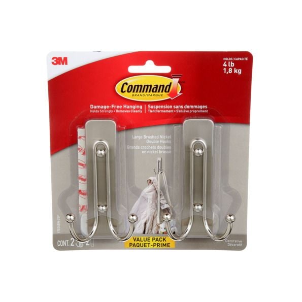 Command Large Decorative Double Hooks Value Pack with Adhesive Strips, Brushed Nickel, 4-lbs, 2 Strips per Pack V2
