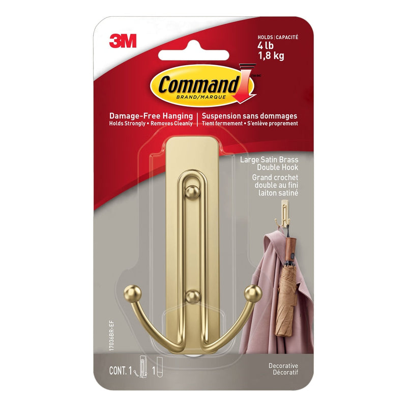 Command Large Satin Brass Hook, 17036BR-EF | 1 Hook, 1 Strip per Pack A3