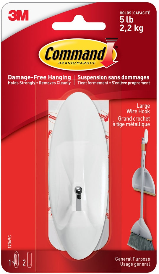 Command Large Wire Hook with Adhesive Strips, White, 5-lbs, 1 Strip per Pack D1