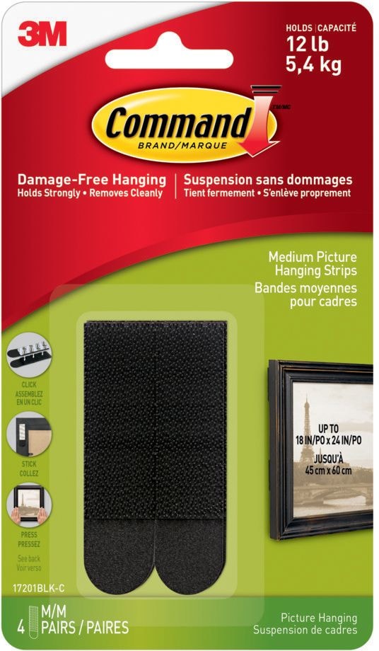 Command Medium Adhesive Picture Hanging Strips, Black, 12-lbs, 4 Strips Per Pack I1