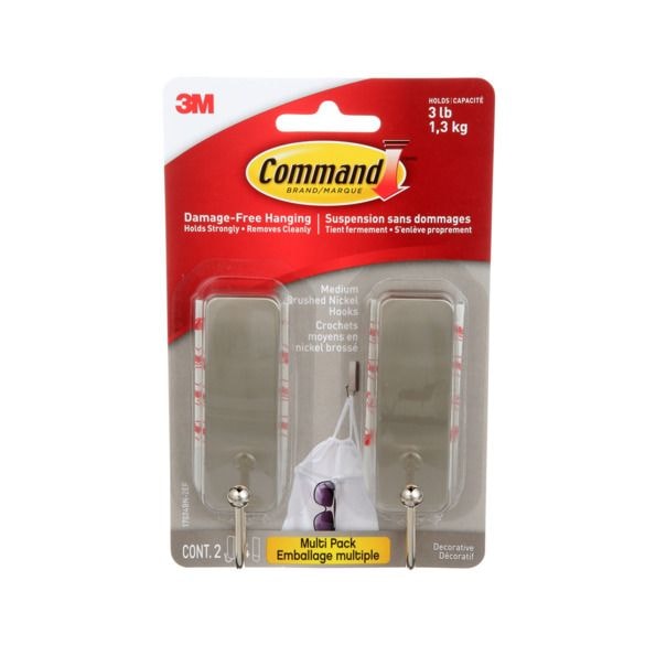 Command Medium Decorative Hooks with Adhesive Strips, Brushed Nickel, 3-lbs, 2 Strips per Pack S4