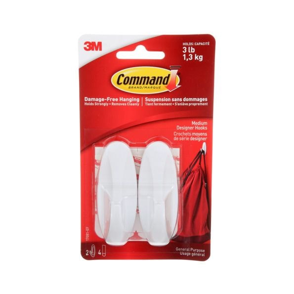 Command Medium Designer Hooks with Adhesive Strips, White, 3-lbs, 2 Strips per Pack B1