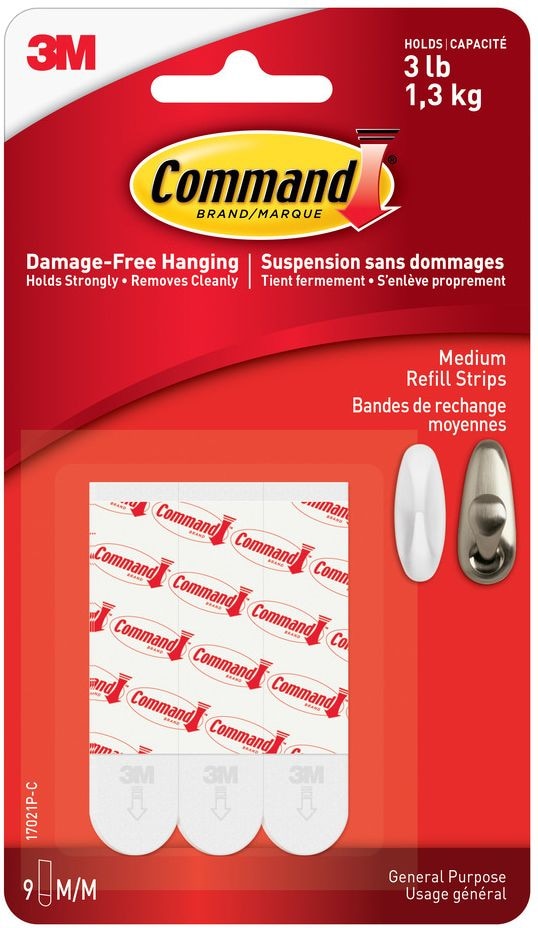 Command Medium General Purpose Refill Strips for Adhesive Hooks, White, 3-lbs, 9 Strips per Pack V6