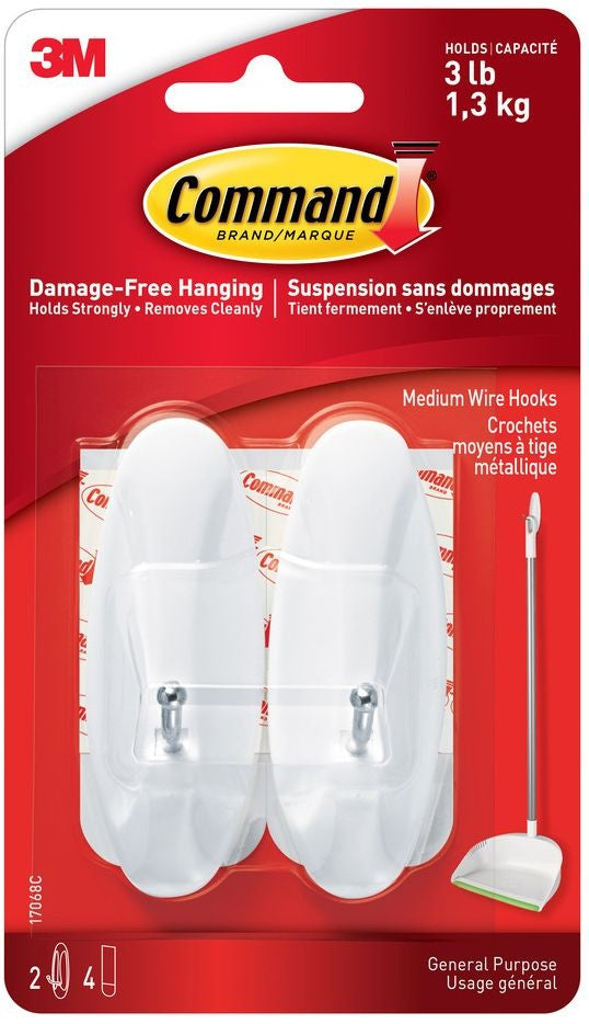 Command Medium General Purpose Wire Hooks with Adhesive Strips, White, 3-lbs, 2 Strips Per Pack A2