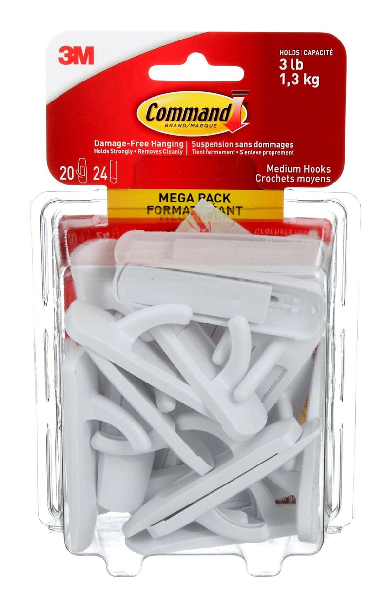 Command Medium Hooks Mega Pack with Adhesive Strips, White, 3-lbs, 20 Hooks/Pack B1