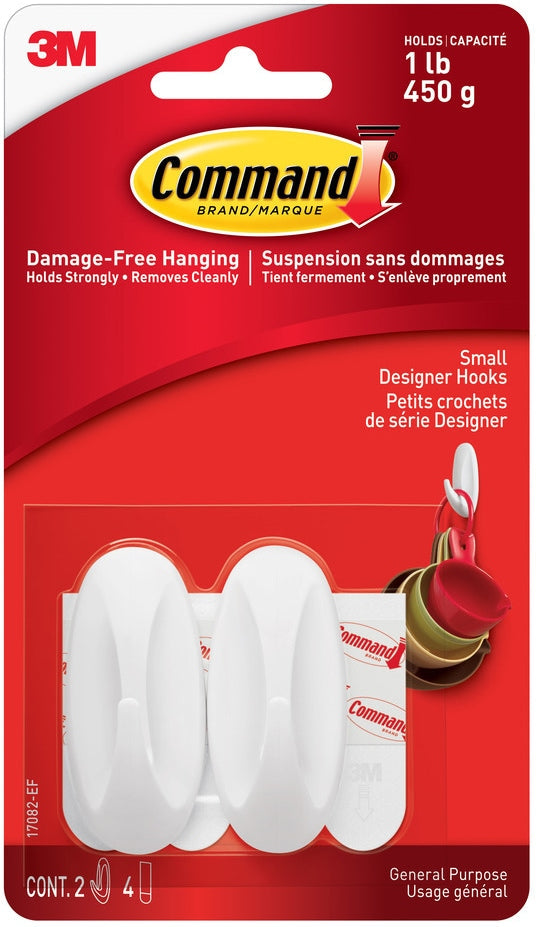 Command Small Designer Hooks with Adhesive Strips, White, 1-lb, 2 Strips per Pack D3