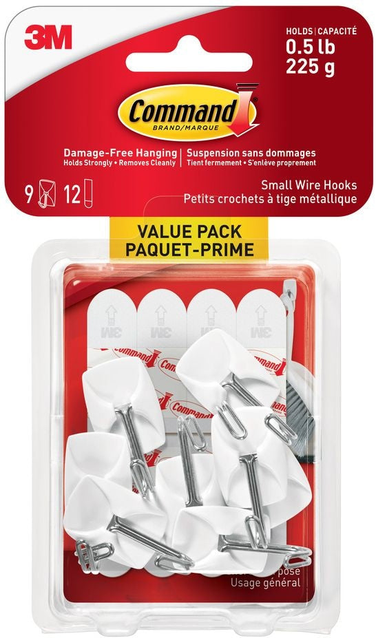Command Small Wire Hooks Value Pack with Adhesive Strips, White, 0.5-lbs, 9 Strips per Pack J4